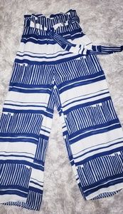 Woman's long blue & white polyester flared pants